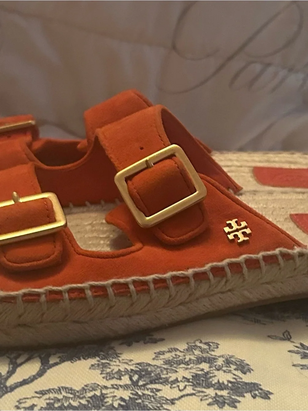 Tory Burch Selby Orange Suede Espadrille Slide Sandals Size 7 EUC